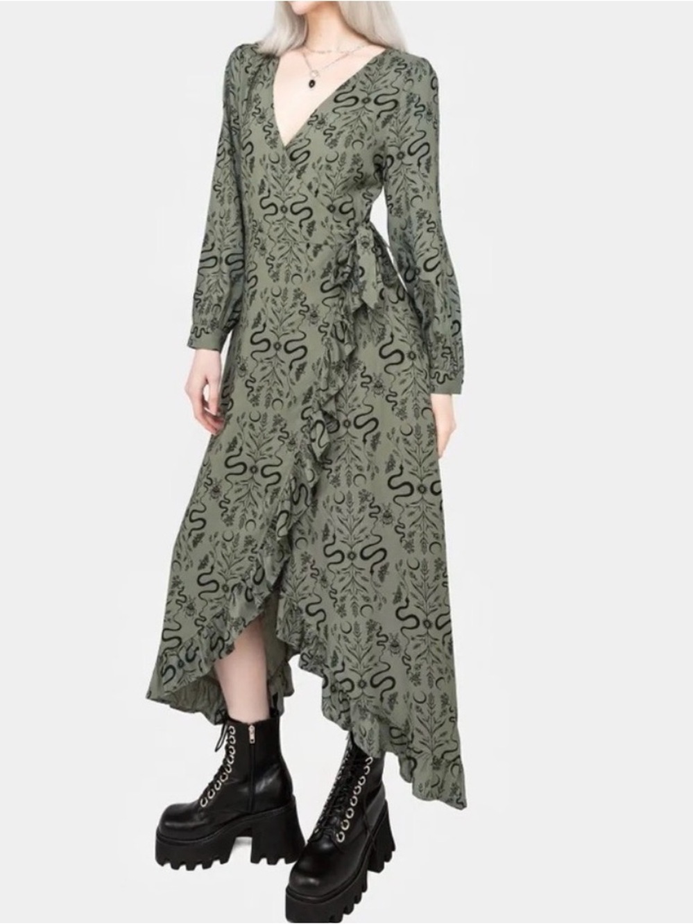 Disturbia Olive Green Printed Wrap Dress with Black Snake Motif